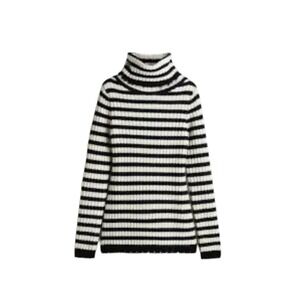 H&M Premium Rib-Knit Pure Wool Turtleneck Sweater L NWT Long Black White Striped